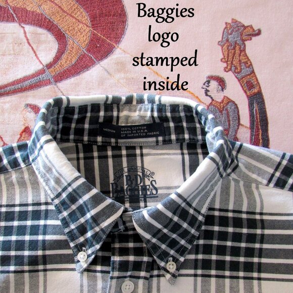 MEN'S COTTON SHIRT, M- L TALL, 16x34" LONG SLEEVED BLACK WHITE PLAID BD BAGGIES - Picture 4 of 7